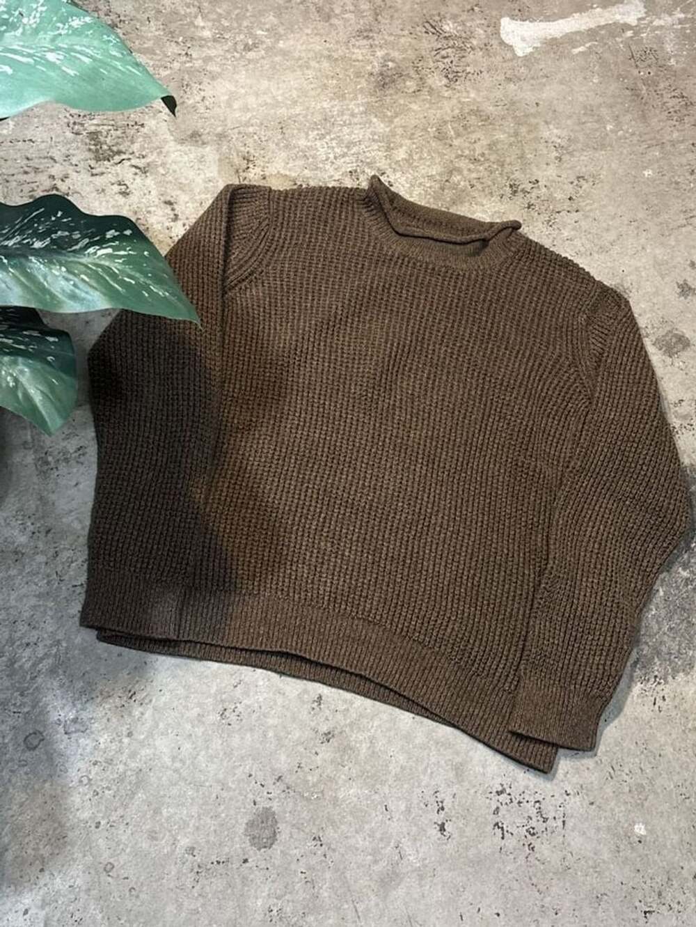 L.L.Bean Organic Cotton Waffle Sweater L-Reg Brown Rollneck Crew